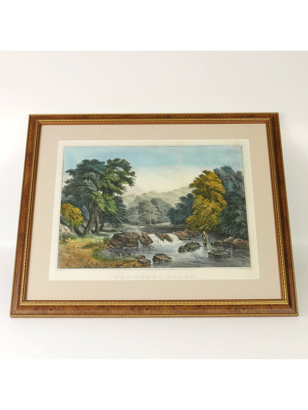 Currier & Ives Hand Colored Lithograph Print The Trout Brook Antique 1862 Framed